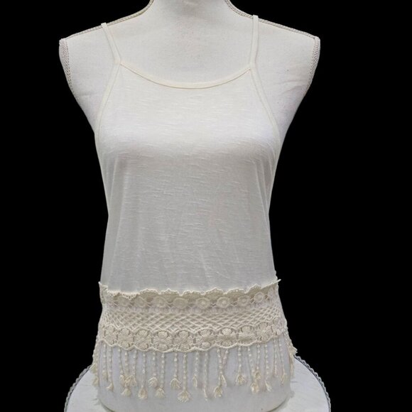 Poetry White Boho Tank Top S – Crochet Lace Hem Tassels Halter Breezy Sheer - Picture 1 of 8
